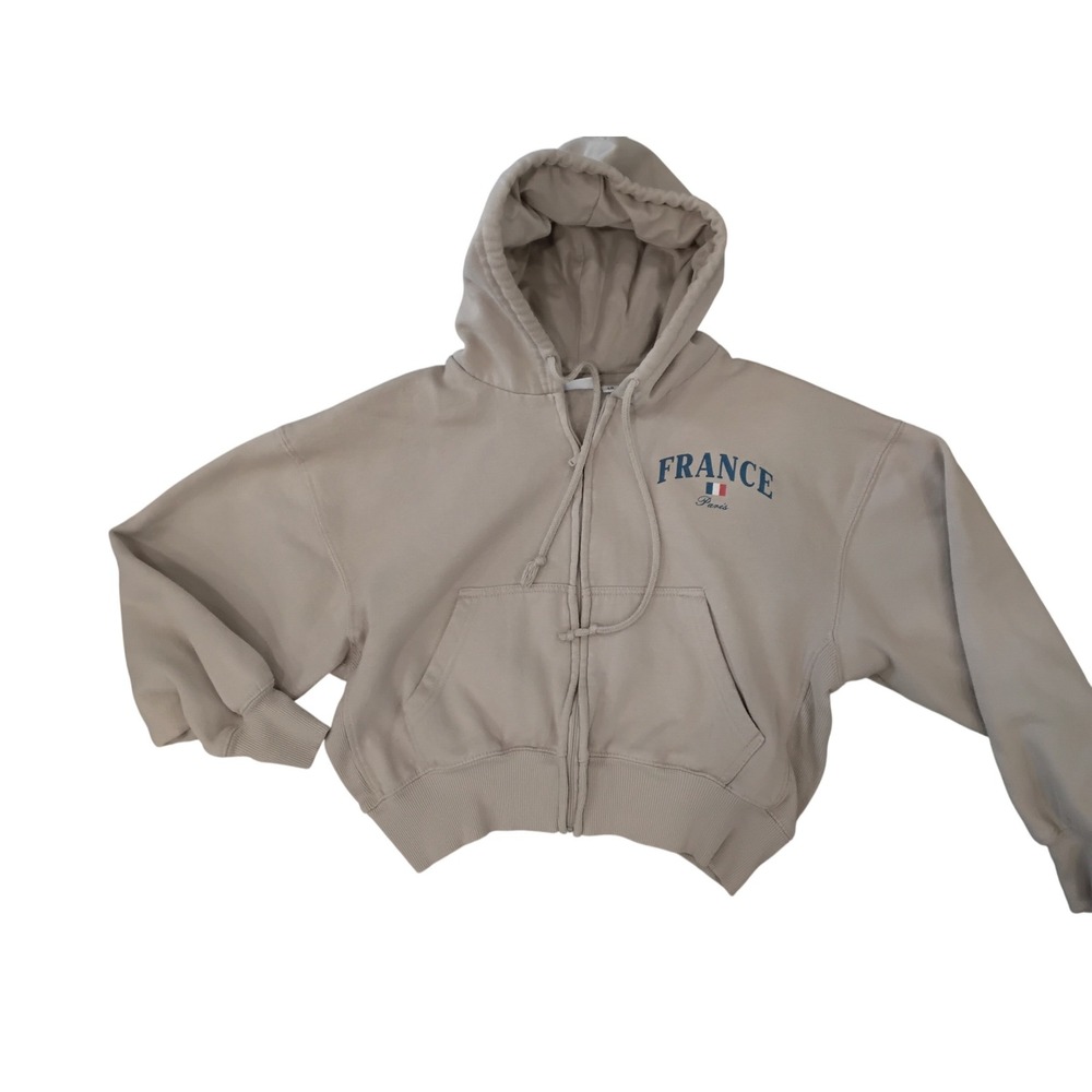 Mighty Fine Womens France Paris Cropped Zip Up Hoodie Tan Fleece Graphic Large